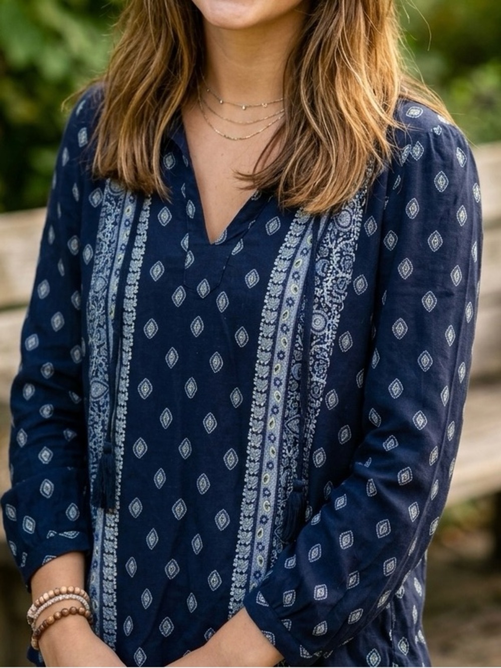 Lucky Brand Boho Navy Printed V-Neck Tunic Blouse Size S